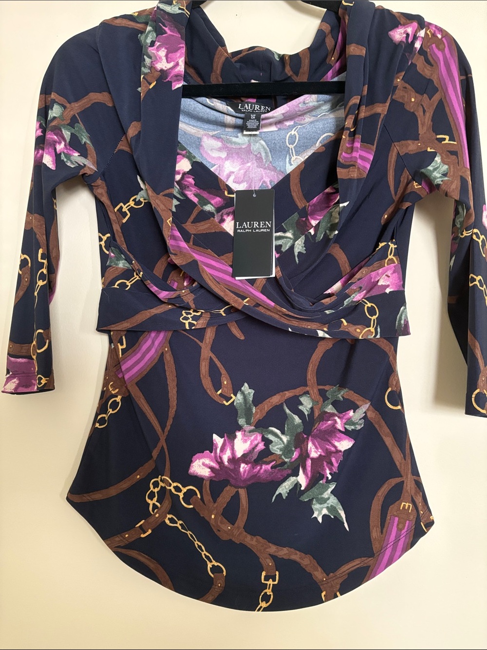 Nwt Ralph Lauren Navy Floral Chain-Print Cowl Neck Top